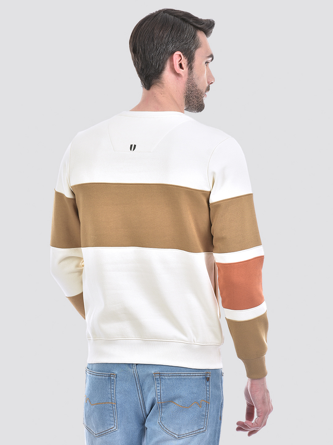 Numero Uno Men Cream Color Block Round Neck Brushed Fleece Sweatshirt